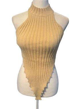 Womens  Daisy stretch ribbed knit sleeveless Halter Top in Beige Small NWT